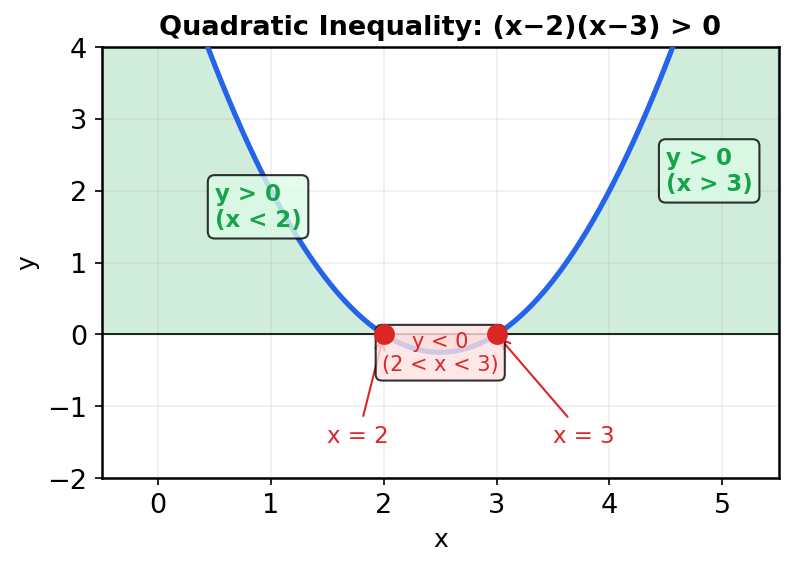 Parabola showing positive and negative regions for quadratic inequality