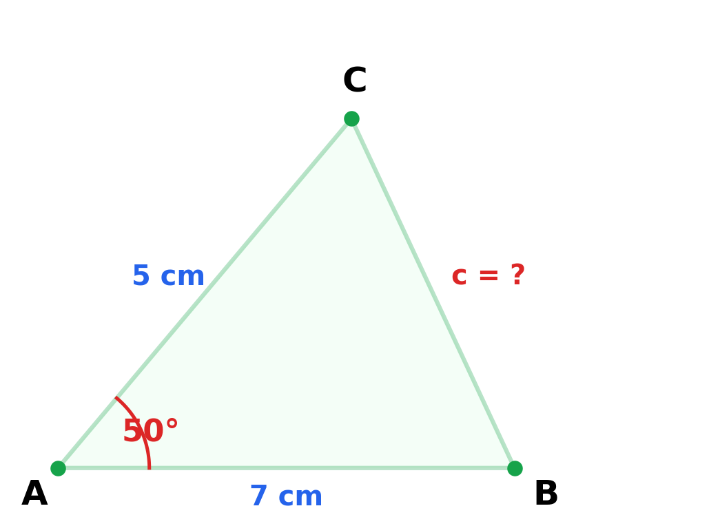 Triangle with sides 5 and 7, included angle 50°, find third side