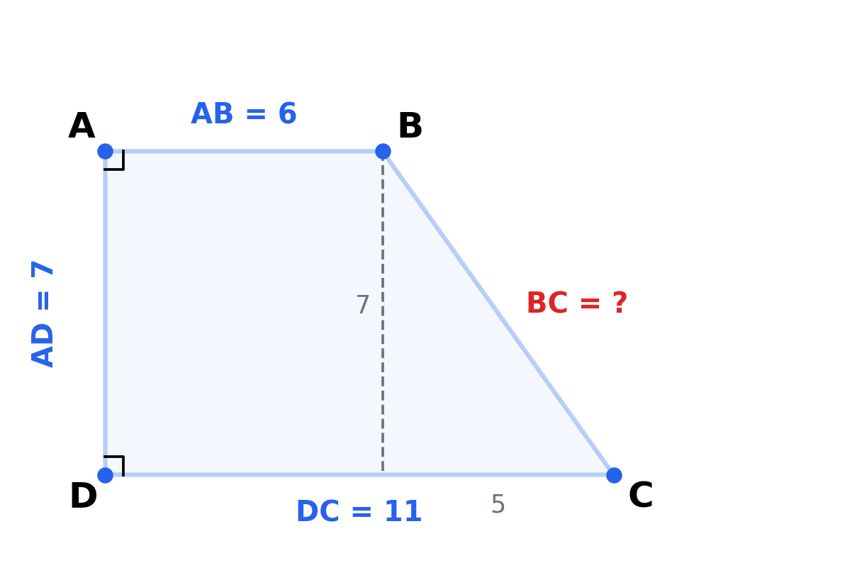 Trapezium ABCD with right angles at A and D, AB=6, AD=7, DC=11